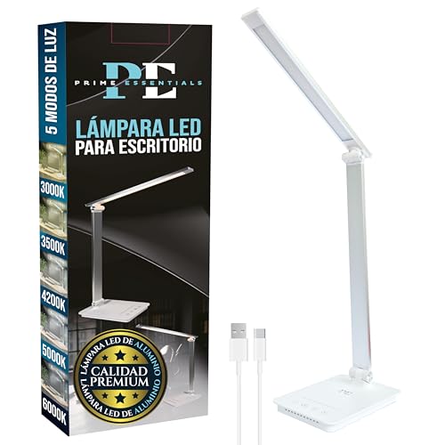 PRIME ESSENTIALS® Lámpara Escritorio LED | Flexo de Escritorio I 50 Combinaciones Luz I Modo Nocturno | Temporizador 30/60 min I Función memoria | Puerto USB I Cuidado ocular I Candeeiro Mesa I Plata.