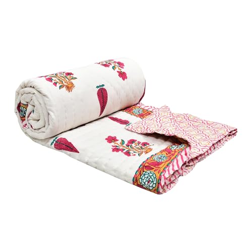 Image of BLOCKS OF INDIA Hand Block Printed Cotton King Size Quilt /Rajai (90 inch X 108 inch) (Pink Rose)