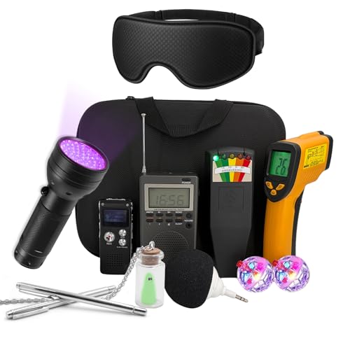12 in 1 Ghost Hunting Equipment kit,Complete Paranormal Investigation Set with Ghost Box,Temperature Gun,emf Meter,EVP Recorder,uv Flashlight,dowsing rods,cat Balls,Speaker and Blindfold