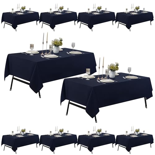 Image of 10-Pack 60x102 inch Navy Blue Table Cloths, Solid Stain and Wrinkle Resistant Oblong Tablecloth, Premium Plain Weave Polyester Fabric Rectangle Table Linen Covers for Hotel, Wedding