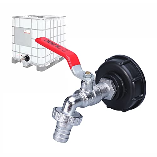 NEWFUN Grifo cubeta de 1000 L para depósito de agua de lluvia, adaptador de depósito de agua IBC de 1/2 pulgadas, grifo de material de aleaciónfabricado en polipropileno con rosca grande de 60 mm