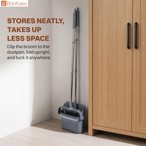 Image of BonKaso Broom and Dustpan Set with Long Handle, Upright Standing Floor Broom and Jhadu with Self Cleaning Comb, Rubber Lip and Multilayer Bristles, Foldable Space Saving Indoor Cleaning Set