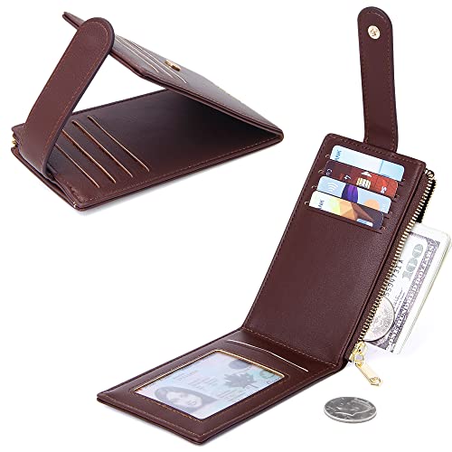 Image of Badiya Slim Women Wallet RFID Blocking Bifold Compact 9 Card Slots Holder Wallets Soft Leather with Zipper Coin Pocket 2 ID Window
