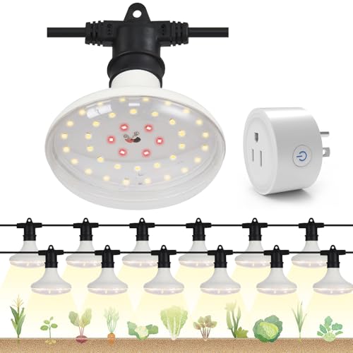 DingChen Outdoor Grow Lights Waterproof, Full Spectrum String Grow Light with 22FT Light String Cord for Seedling, Veg, Flower in Greenhouse, Garden, Backyard, Farm (12 Lights, with Smart Plug)
