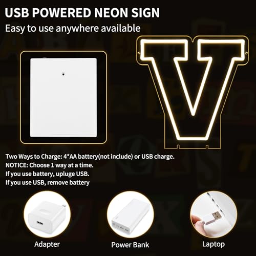 Image of Light Up Letters V, Led Marquee Letter Lights Neon Sign, 13.7 inch Height Decorative Lighted Alphabet Number, Battery /USB Powered Led Letters Lights for Wedding, Birthday, Party, Christmas or Home Decor