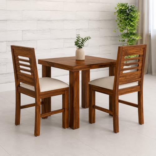 Image of Solid Sheesham Wood 2 Seater Dining Table Set for Home & Kitchen | Teak Finish Wooden Dining Set with 2 Cushioned Chairs | Table Size 34 x 30 x 29 Inch | Chair Size 17 x 17 x 35 Inch