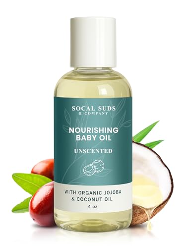 SoCal Suds & Company - Natural & Organic Baby Oil - Newborn Essentials - Gentle Moisturizing Nourishing Oil for Delicate Tender Skin - Vitamin-Enriched with Jojoba and Sunflower Oils - Unscented, 4oz