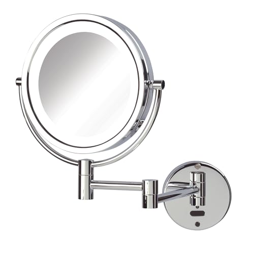JERDON Sharper Image Wall-Mounted Lighted Motion Sensor Makeup Mirror - 8X-1X Magnification - 8.5-Inch Diameter Mirror Extends 14” - Chrome Finish - Comes with 8’ Charging Cord - Model JRT9500CL