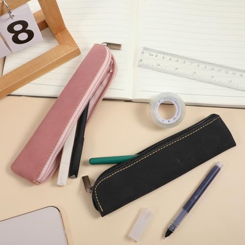 Image of Leather Pencil Pouch, 2 Pcs Slim Pencil Case Portable Small Pencil Pouch Soft Flat Pen Bags with Zipper Simple Makeup Bag Lipstick Case for Women Men Home, Office, Travel Outdoor (Black, Pink)