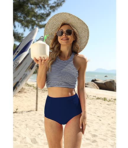 Mansy Women's 2PCS Tripe Padded Push Up High Waisted Bikini Swimsuit Swimwear Blue