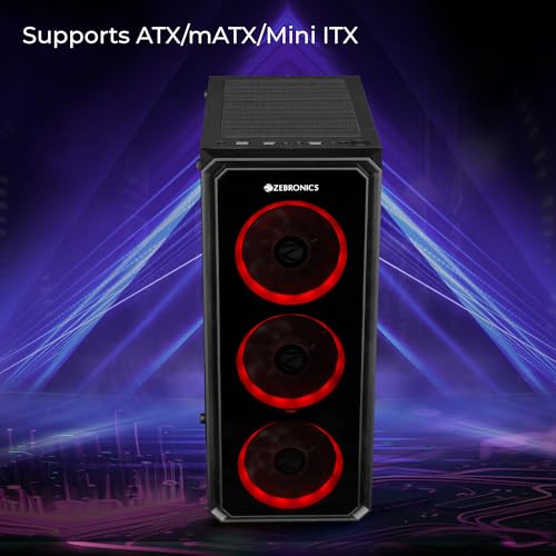 Image of ZEBRONICS Invicta PRO Mid-Tower Premium Gaming Cabinet ATX /mATX /Mini ITX, 3X 120mm Front + 1x 120mm Rear Fan, RGB Halo Glow Ring Fan, Front & Side Tempered Glass Panel
