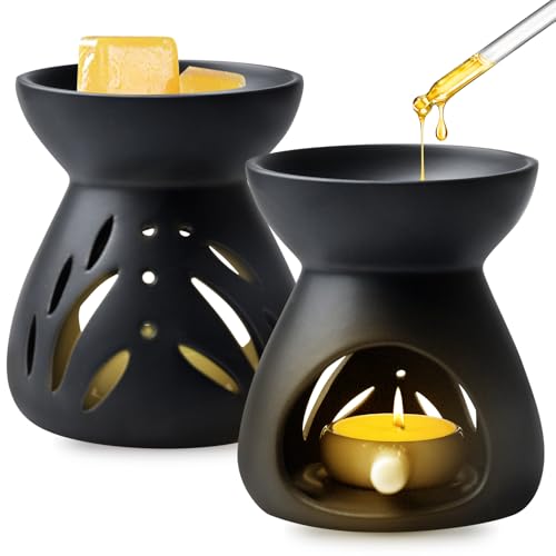 Lot de 2 brûleurs parfumés en céramique avec cuillère à bougie - Brûleur d'arôme en forme d'entonnoir pour huiles essentielles - Brûleur décoratif pour la maison et le bureau - Noir