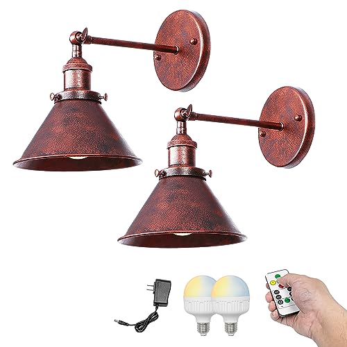 Image of Kiven Battery Operated Wall Sconces Set of 2,Vintage Wall Lights with Rechargeable Bulb, Dimmable Wall Lighting Fixtures for Painting Bedside Vanity Desk, Rusty Red Finish