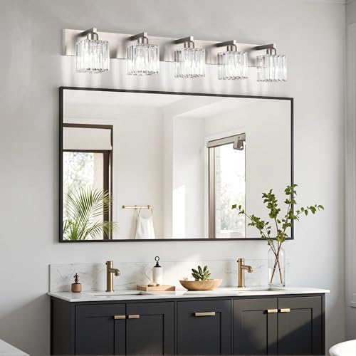 Image of Aipsun Brushed Nickel Bathroom Lighting Fixtures 5 Light Vanity Light Crystal Modern Bathroom Vanity Light (Exclude Bulb)