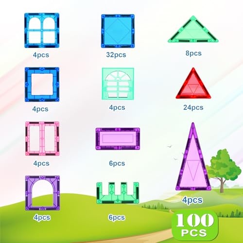 Mruikeny 100PCS Magnetic Tiles Kids Toys-Magnetic Building Blocks STEM Magnet Building Set Preschool Learning Magnet Toys for Kids ,Sensory Montessori Toy for Toddlers 3+ Year Old Boys Girls