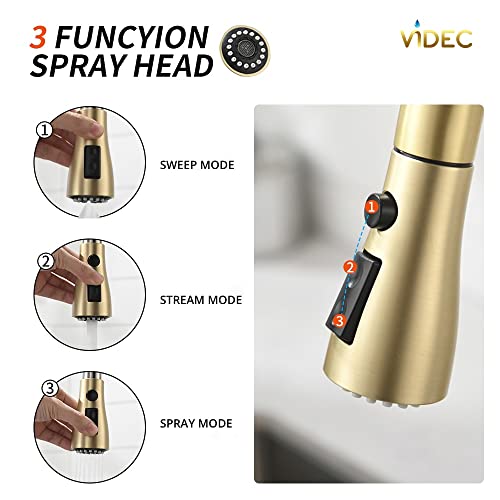 VIDEC Smart Kitchen Faucet, 3 Modes Pull Down Sprayer, Touch On Sensor Activated, LED Temperature Control, 360-Degree Rotation. (Touch-On with LED (KW-70) Gold)