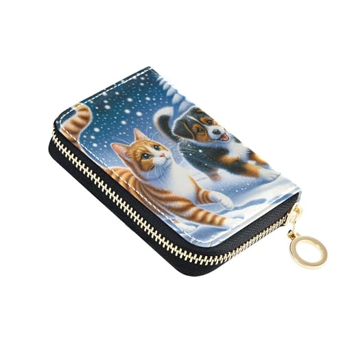 GAIGEO 9 Credit Card Slots & 2 Cash Slots Zip Around Womens Wallets Leather Coin Change Purse with Zipper Cute Cat Dog Winter Snow