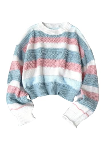 MakeMeChic Girl's Striped Color Block Sweater Crew Neck Long Sleeve Knit Cute Pullover Crop Tops Multicolor 10Y