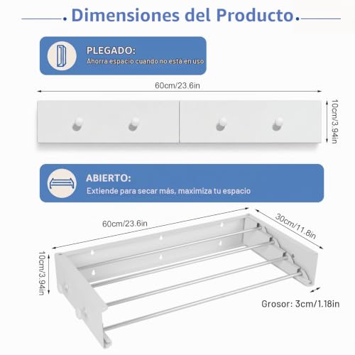 Miniatura 2 de Urcheers Tendedero De Pared, Con Ganchos De Actualización, Fácil Tendedero De Pared, Plegable, Para Interior O Exterior, Secadora De Pared Extensible Para Balcón 60 Cm Con 4 Ganchos