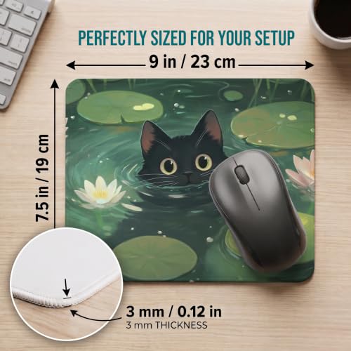 Image of Mouse Pad for Laptop & Desktop | 9x7 Inch Anti-Fray Stitched Edges | Non-Slip Rubber Base | Desk Setup Accessory for Students, Gamers & Professionals (Cat in Pond)