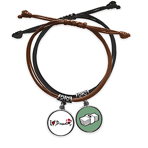 Pulsera de cuerda de Dinamarca con bandera y corazón de amor en cuero negro elegante