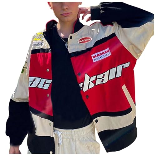 Lederjacke Damen Oversize Y2k College Jacke Bomberjacke Racing Motorradjacke Streetwear Harajuku Clothes Coole Vintage Baseball Zip Leichte Up