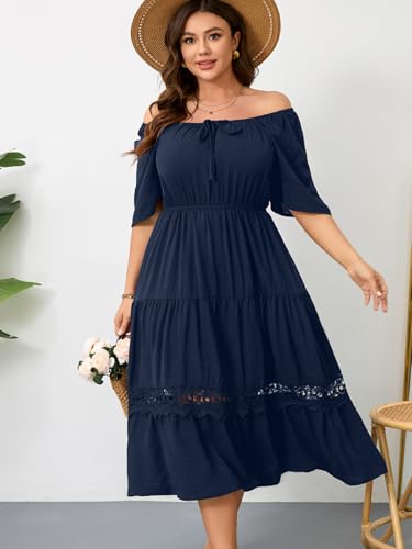 Image of RWJ Women's Plus Size Maxi Dress Short Sleeve Square Neck Flowy A-Line Lace Trim Flutter Party Casual Off Shoulder Dresses
