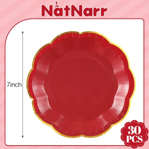 Image of 30 Pcs Red Plates with Gold Trim 7 Inch Scalloped Red and Gold Paper Plates