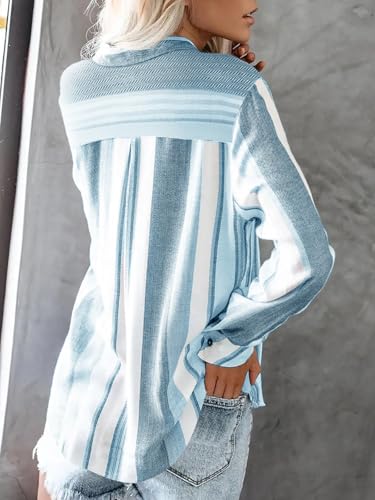 Women's Striped Button Down Shirts Linen Long Sleeve Dress Shirts Collared Blouses Business Casual Outfits Tops2