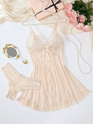 Image of Foxiny Sexy Ruffle Sheer Mesh Lace Wireless Babydoll Lingerie Dress with Thong 2 Piece