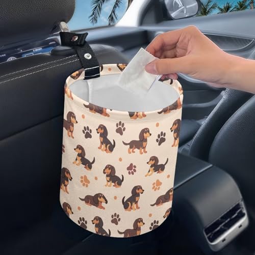 Image of Dachshunds Car Trash Bin Hanging, Waste Basket - Cute, Portable, Collapsible, Waterproof Rubbish Bag for Back Seat, Hanging Headrest