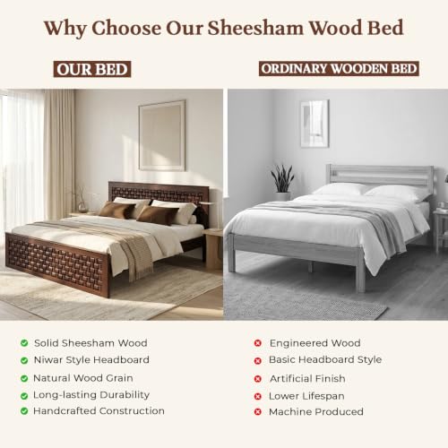 Image of WOODLAB Furniture Sheesham Wood King Size Bed Without Storage and with Niwar Style Headboard | Wooden Double Size Cot Palang for Bedroom Living Room Hotel and Home (Walnut Finish)