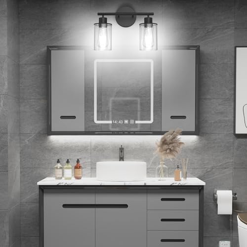 Image of Aipsun Black Vanity Light 2 Lights Farmhouse Bathroom Lights Fixtures Over Mirror with Clear Glass Shade(Exclude Bulb)