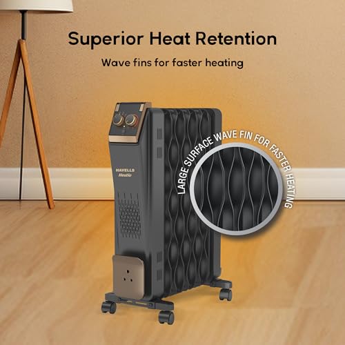 Image of Havells 9 Fin Hestio Wave Fin OFR (Oil Filled Radiator)|Room Heater|2400 W|3 Heat Settings & PTC Fan Heater|Inclined Control Panel|Retractable Wheels| Comfortable Breathing|360 Heating (Black)
