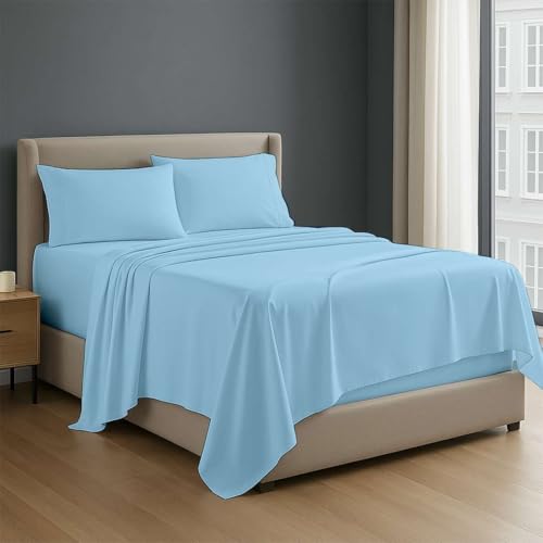 Image of NON Sticky cotton Premium 4 Piece Egyptian Cotton Fitted Queen Sheet Set, Hotel Quality Soft Breathable Bedding Sheets, 9 inch Deep Pocket, 60 inch X 80 inch, Light Blue Solid