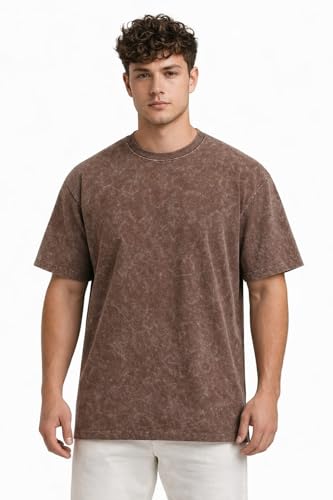 Image of VEL Plain 240 GSM Heavy Cotton Acid wash Oversized Tshirt Men Drop Shoulder Half Sleeves Round Neck Solid Cotton T-Shirts for Men