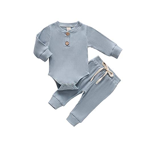 Image of Newborn Baby Girl Boy Fall Clothes 3 6 12 18 24 Months Outfits Long Sleeve Knitted Cotton Romper & Pants Infant Winter Sets (B-blue, 18-24 Months)