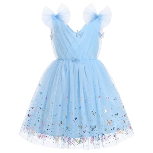 IMEKIS Fairy Dresses for Girls: 7th 8th Birthday Outfit Cake Smash Wedding Guest Kids Toddler Graduation Princess Sparkly Tulle Tutu Tea Party Formal Pageant Prom Gown Sky Blue Butterfly 7-8 Years