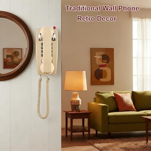 Klassisches Wandtelefon für Festnetz mit mechanischem Klingel, einreihiges 2554 Wandtelefon mit Anzeige, Retro-Wandmontage, wasserdicht, alte Wandhalterung für Küche, Zuhause, Beige