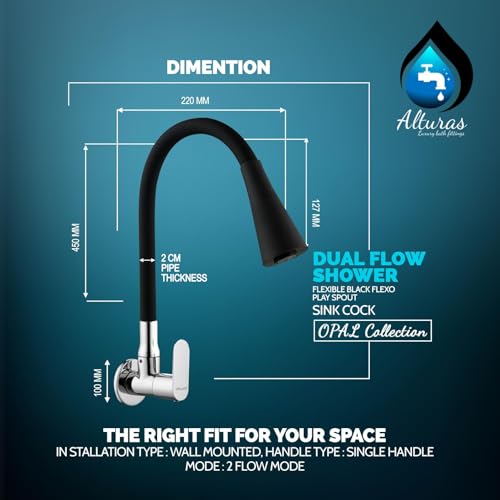 Image of ALTURAS Dual Flow Black Kitchen Sink Cock with 360 Degree Swivel Spout | Kitchen Sink Tap | Kitchen Faucet | Tap for Kitchen (Opal)