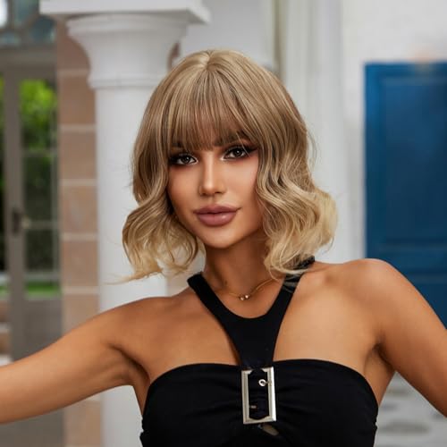 Sapphirewigs Blonde Wig Synthetic Short Wavy Bob Wig Fringe 