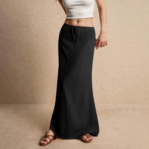 Womens Linen Maxi Skirt Drawstring Low Rise Long Skirts, Cotton Linen Skirts for Women Summer Comfy A Line Long Flowy Skirt2