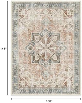 RUGGABLE Washable Vintage Area Rug – Kamran Coral 9x12, Stain-Resistant, Non-Slip – Large Machine Washable Rugs for Living Room, Bedroom, Hallway, Entryway & Office–with Standard Pad