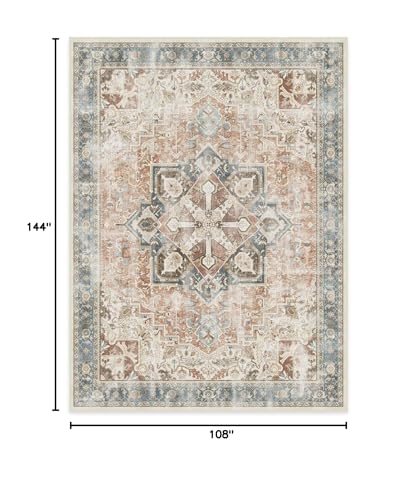 RUGGABLE Washable Vintage Area Rug – Kamran Coral 9x12, Stain-Resistant, Non-Slip – Large Machine Washable Rugs for Living Room, Bedroom, Hallway, Entryway & Office–with Standard Pad
