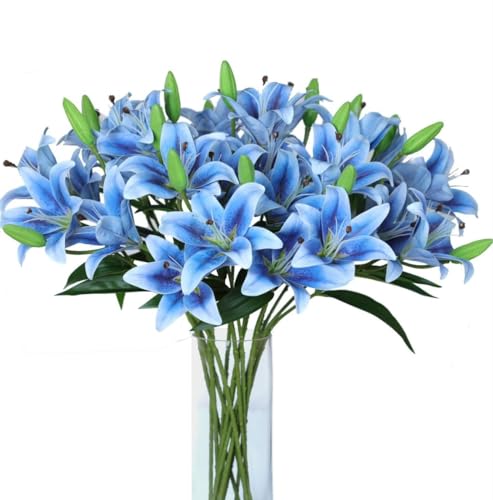 Image of VRB Dec 1 Pcs (3 Head) Lily Artificial Flowers Bunch Foam Flowers Sticks,Lily Artificial Flowers for Home Decor,Bedroom, Living Room, Table, Balcony, Office, Wedding, Pooja (Blue Color)
