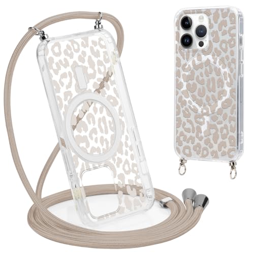 Coalbooliy Handykette Handyhülle für iPhone 14 Pro Hülle 6 1 mit Band Cover Kompatibel mit Magsafe Transparent Aesthetic Leopard Muster Cover mit Kordel zum umhängen Case Stoßfest 01