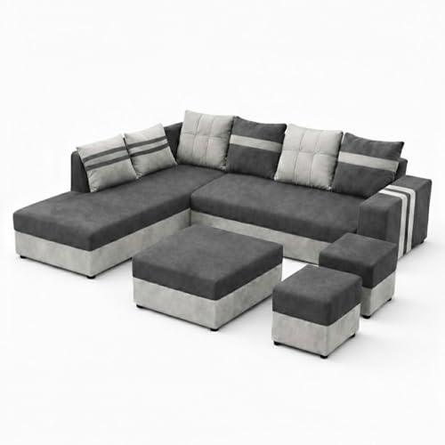 Image of Stova Luxe Velvet-Suede Fabric 8 Seater LHS Sofa Set | with 2 Ottomans& Centre Table| Comfortable & Spacious Seating | Modern Sofa Set for Living Room - Light Grey & Dark Grey