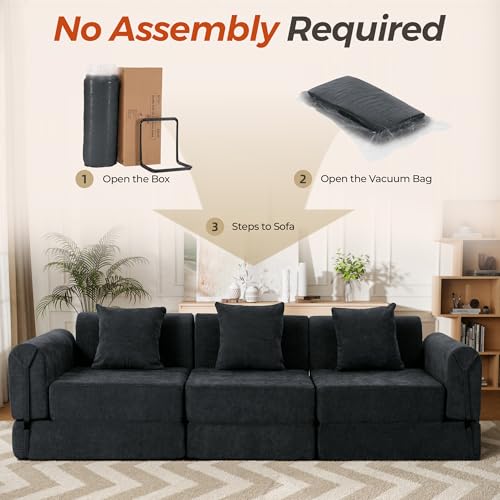 Image of 100 inch Oversized Convertible Sleeper Sofa Bed, Modular Sectional Cloud Sofa with Fixed-Shape Frame & Tabletop, Boneless Couch with Storage Pocket for Living Room, No Assembly Required, Black