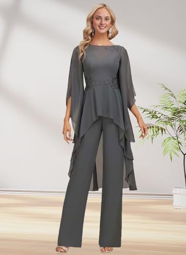 2 Pieces Chiffon Mother of The Bride Pant Suits for Wedding Lace Appliques Formal Outfits Ruffle Sleeve Pantsuits2