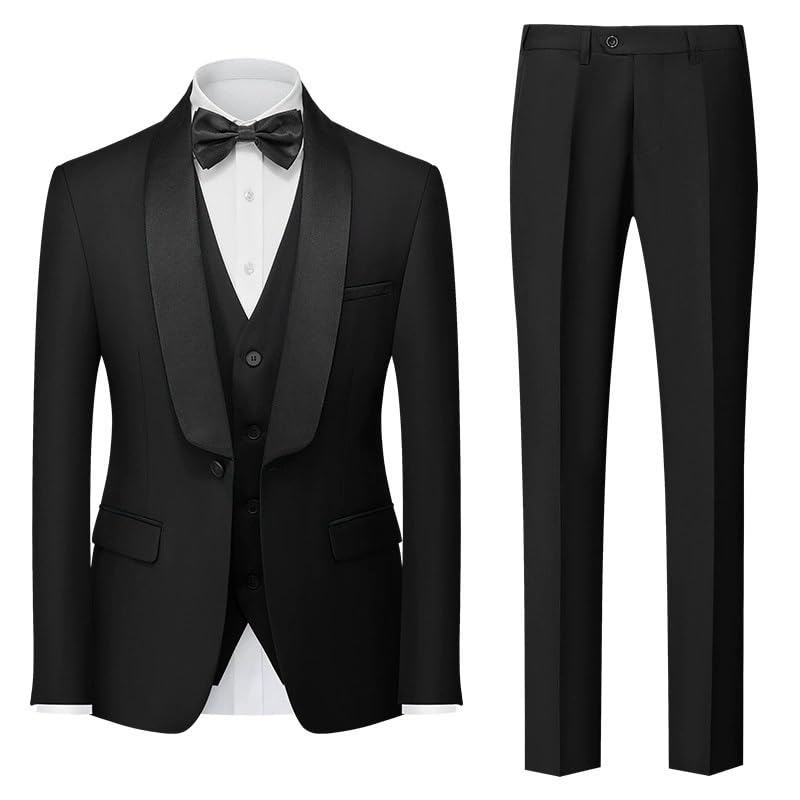 Men’s 3 Piece Slim Fit Formal Business Suit Set Pants Vest Tuxedo for Prom Wedding Dinner Graduation(Black,XXXXX-Large)